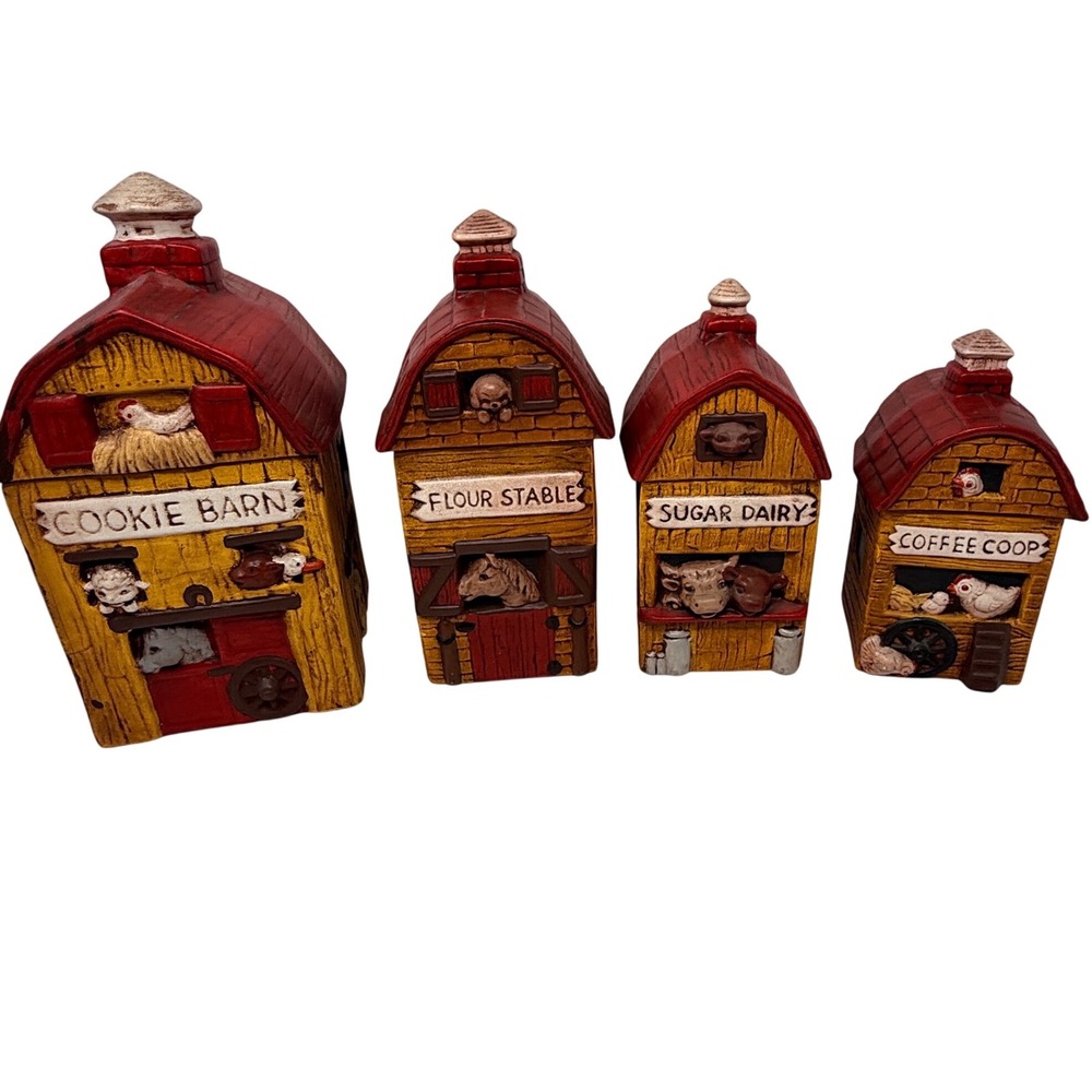Vtg Farmhouse Barn Canister Set of 4 Ceramic Rustic Barnyard Farm Animals